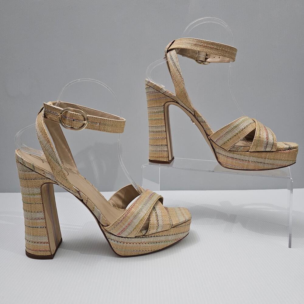 Sam Edelman Kayna Platform Block Heel Sandals Natural Raffia Stripe Womens 9.5 - Picture 3 of 14